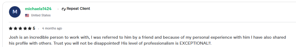 Five star repeat client review praising exceptional professionalism